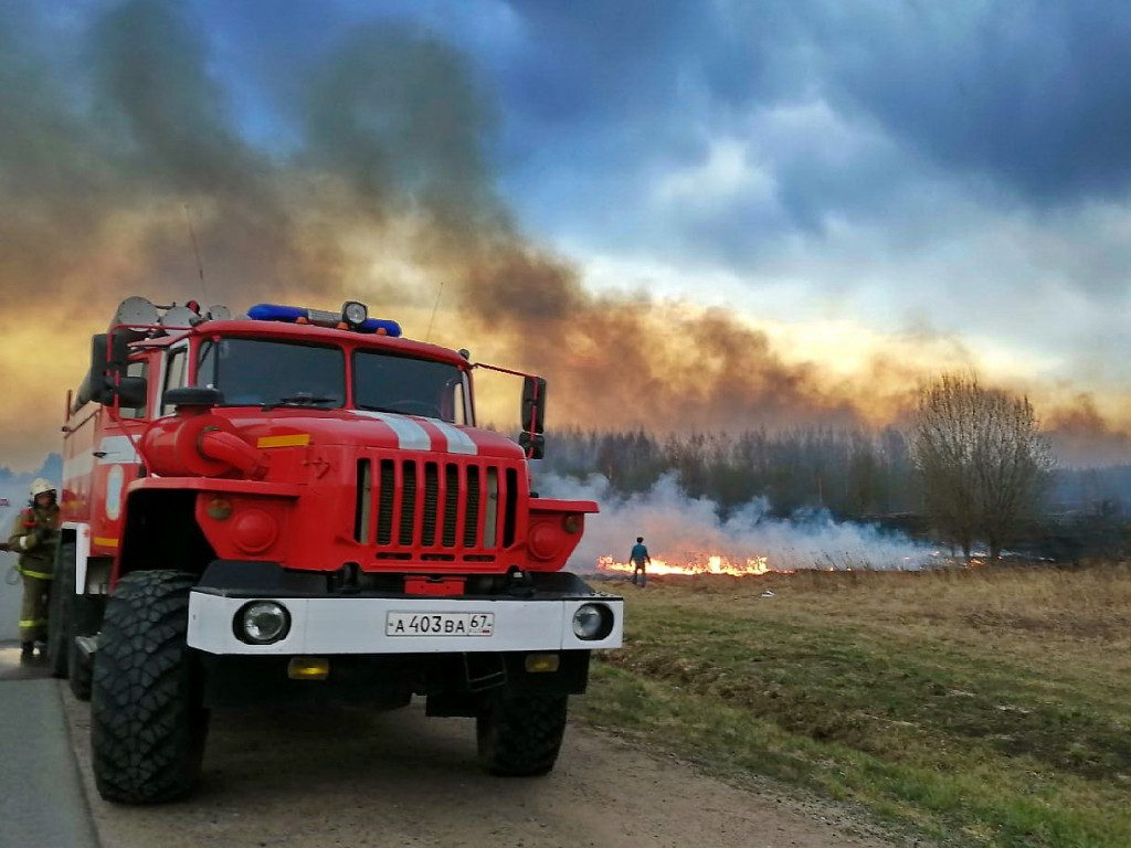 пал травы, пожарная автоцистерна (фото 67.mchs.gov.ru)