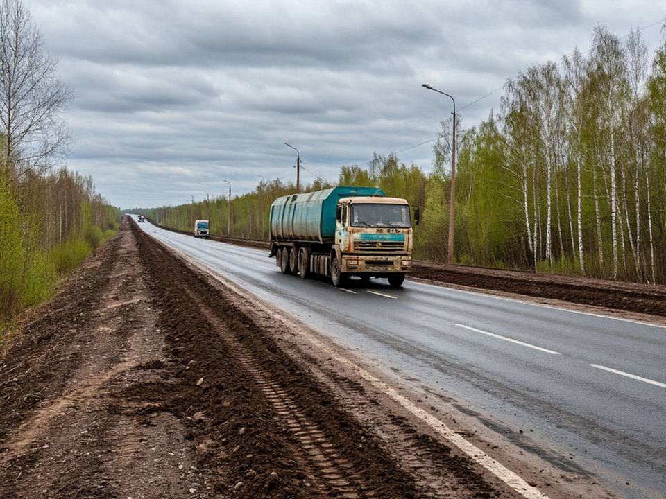 неотремонтированная обочина автодороги, большегрузы, изображение YandexART