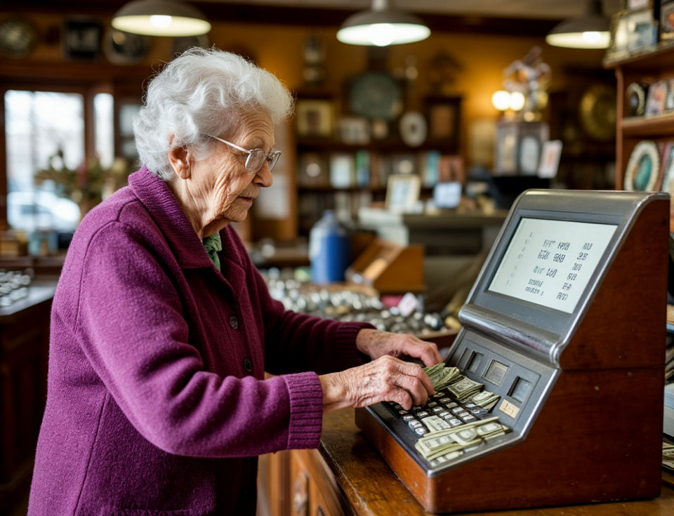 пожилая женщина ворует деньги из кассового аппарата ломбарда, изображение YandexART