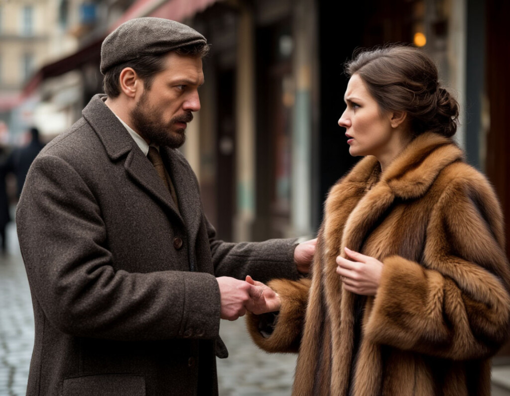 шуба покупка продавец мех роскошь бедный мужчина ссора муж жена ИИ