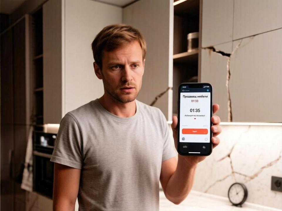 мужчина не может дозвониться до продавца кухонной мебели с дефектами, изображение ГигаЧата